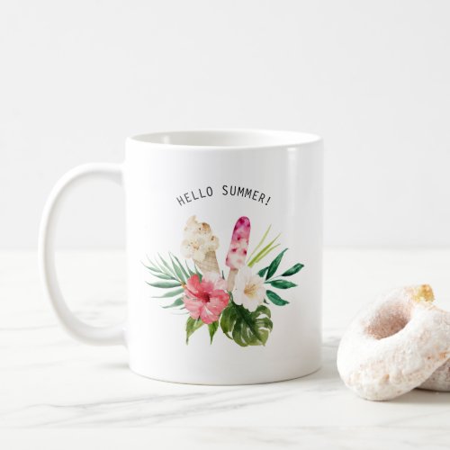 Watercolor Tropical Flowers Leaves with Ice Cream Coffee Mug