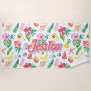 Watercolor Tropical Flowers Pattern Personalized Beach Towel