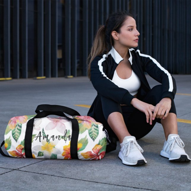 Watercolor Tropical Flowers Pattern Personalized Duffle Bag (Creator Uploaded)