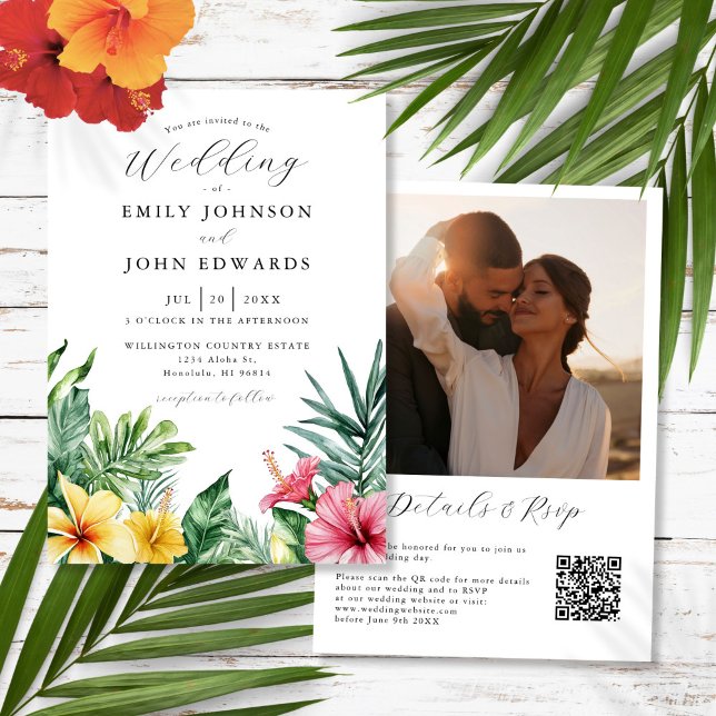 Watercolor Tropical Flowers Photo QR Code Wedding Invitation (Watercolor Tropical Flowers Photo QR Code Wedding Invitation)