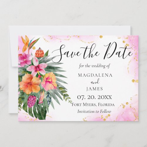 Watercolor Tropical Flowers Pink Gold Glitter Save The Date