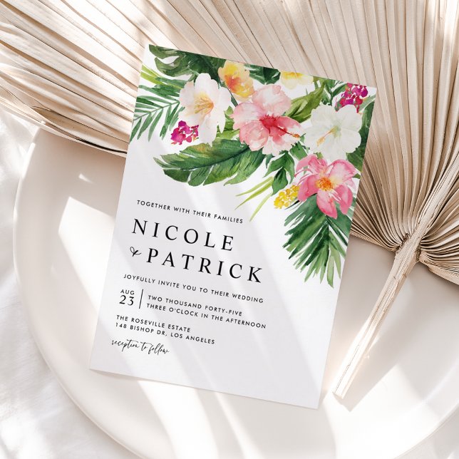 Watercolor Tropical Flowers QR Code Wedding Invitation Postcard (Watercolor Tropical Flowers QR Code Wedding Invitation Postcard)