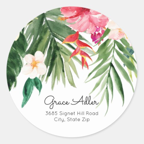 Watercolor Tropical Flowers Return Address Classic Round Sticker