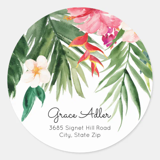 Watercolor Tropical Flowers Return Address Classic Round Sticker | Zazzle
