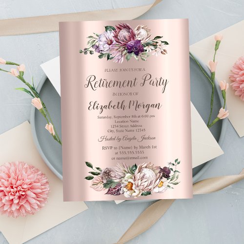 Watercolor Tropical Flowers Rose Gold Retirement  Invitation