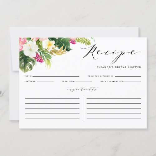 Watercolor Tropical Flowers Shower Recipe Card