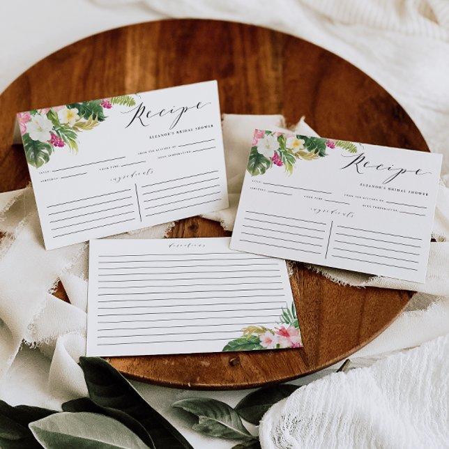 Watercolor Tropical Flowers Shower Recipe Card (Customizable tropical bridal shower recipe card featuring watercolor hibiscus, flowers and greenery.)
