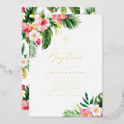 Watercolor Tropical Flowers Summer Baptism Foil Invitation