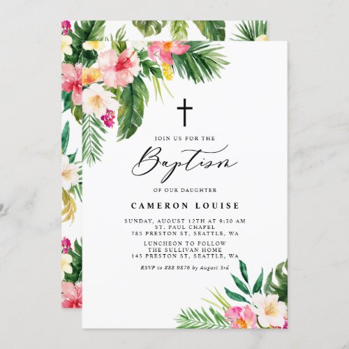 Watercolor Tropical Flowers Summer Baptism Invitation