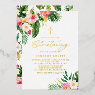 Watercolor Tropical Flowers Summer Christening Foil Invitation