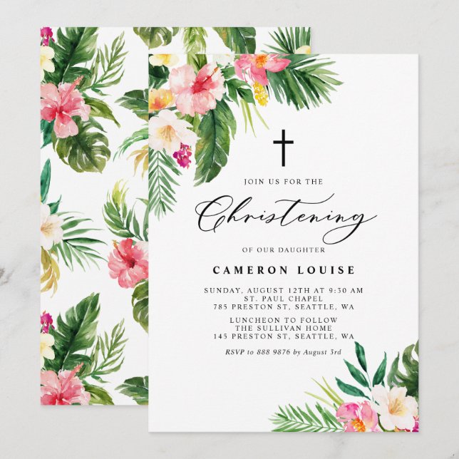 Watercolor Tropical Flowers Summer Christening Invitation (Front/Back)