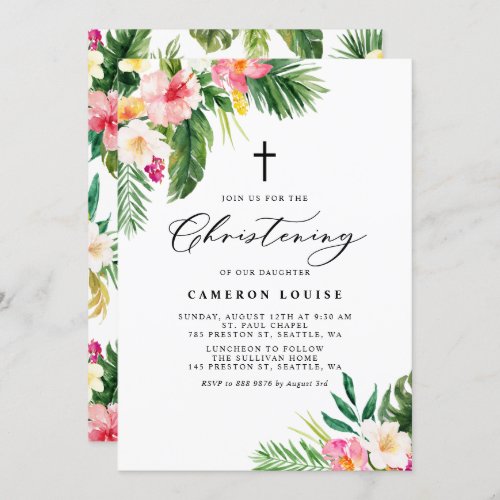 Watercolor Tropical Flowers Summer Christening Invitation