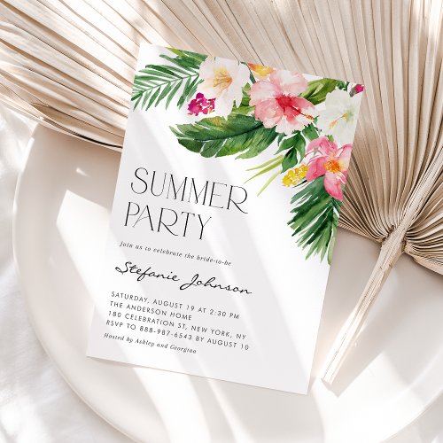 Watercolor Tropical Flowers Summer Party Invitation