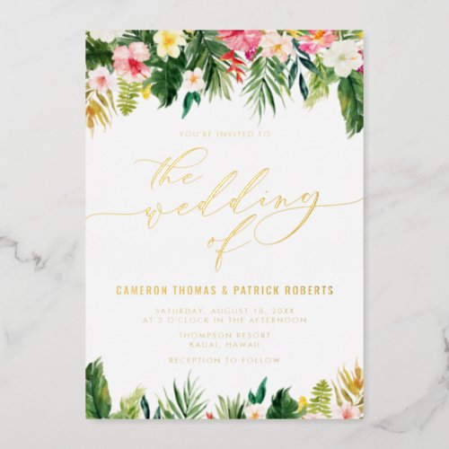 Watercolor Tropical Flowers Summer Wedding Foil Invitation