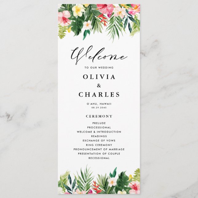 Watercolor Tropical Flowers Summer Wedding Program (Front)