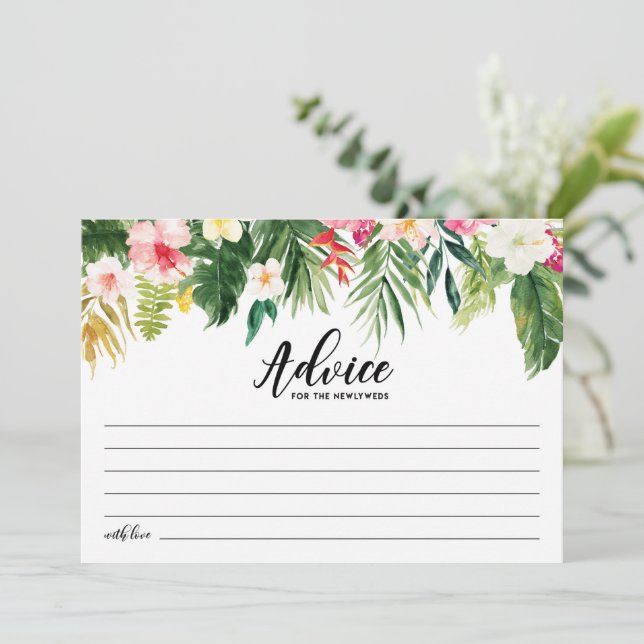 Watercolor Tropical Flowers Wedding Newlyweds Advice Card (Standing Front)