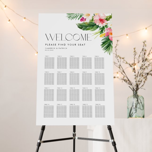 Watercolor Tropical Flowers Wedding Seating Chart Foam Board (In Situ (Stand))