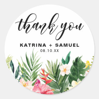 Watercolor Tropical Flowers Wedding Thank You Classic Round Sticker