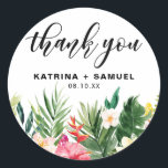 Watercolor Tropical Flowers Wedding Thank You Classic Round Sticker<br><div class="desc">Add a personalized accent to party favors and thank you cards with this floral thank you sticker. It features tropical watercolor flowers and greenery: orchids, hibiscus, plumeria, bird of paradise, palm leaves, split leave philodendron, banana leaves and fern. Perfect for summer weddings, birthday parties, bridal showers, baby showers and other...</div>