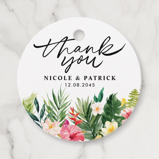Watercolor Tropical Flowers Wedding Thank You Favor Tags (Front)