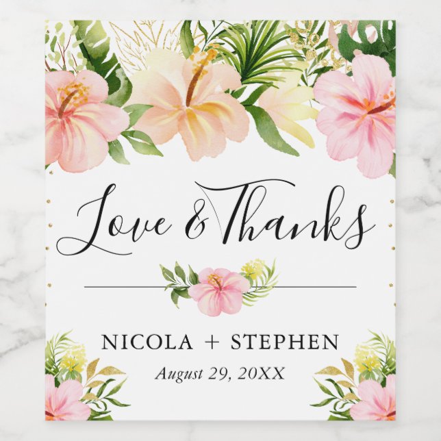 Watercolor Tropical Flowers Wedding Wine Label (Single Label)