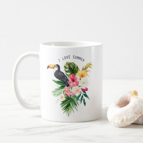 Watercolor Tropical Flowers with Toucan Custom Coffee Mug