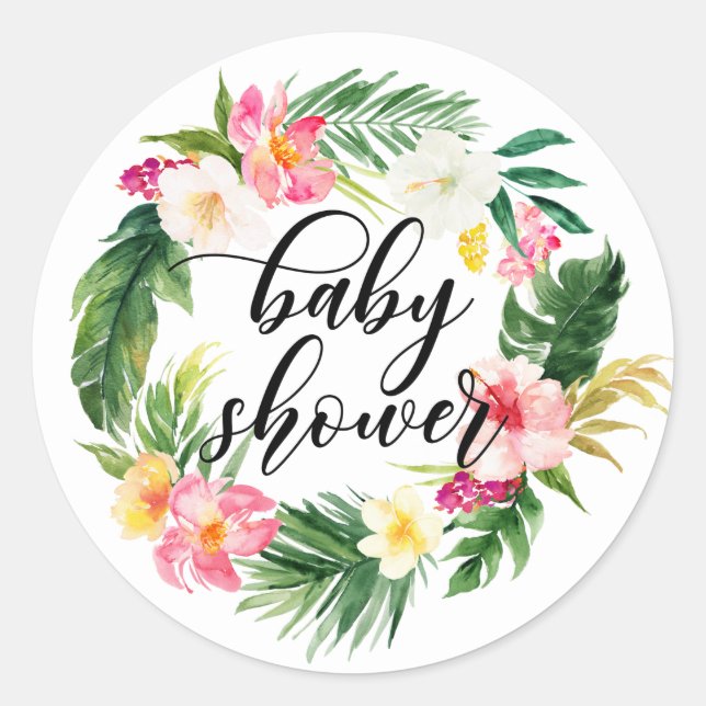 Watercolor Tropical Flowers Wreath Baby Shower Classic Round Sticker (Front)