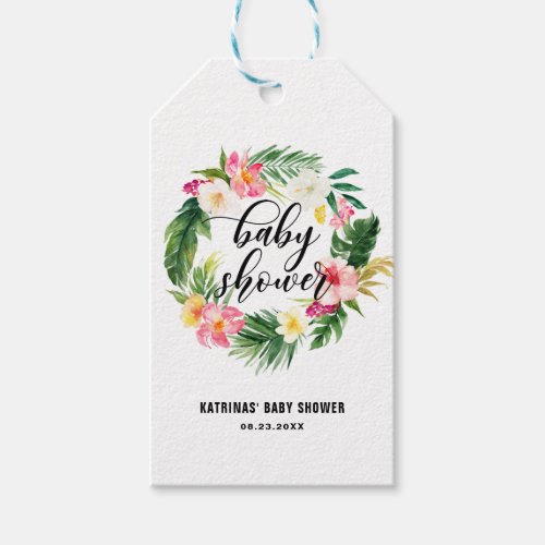 Watercolor Tropical Flowers Wreath Baby Shower Gift Tags