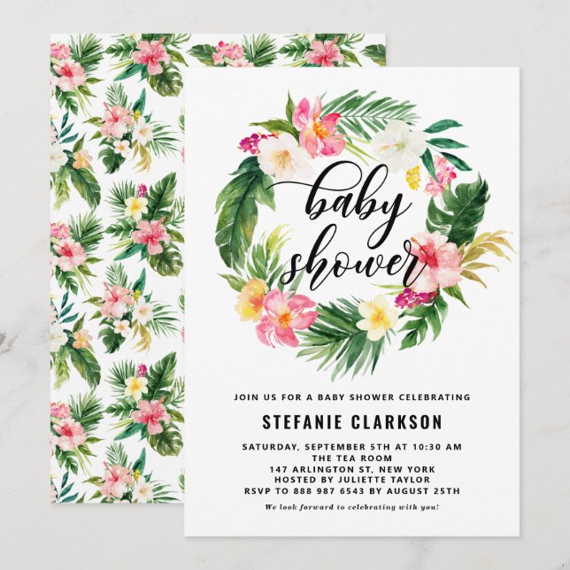 Watercolor Tropical Flowers Wreath Baby Shower Invitation (Front/Back)