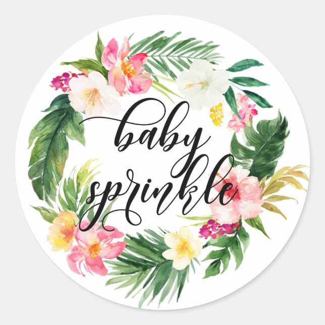 Watercolor Tropical Flowers Wreath Baby Sprinkle Classic Round Sticker (Front)