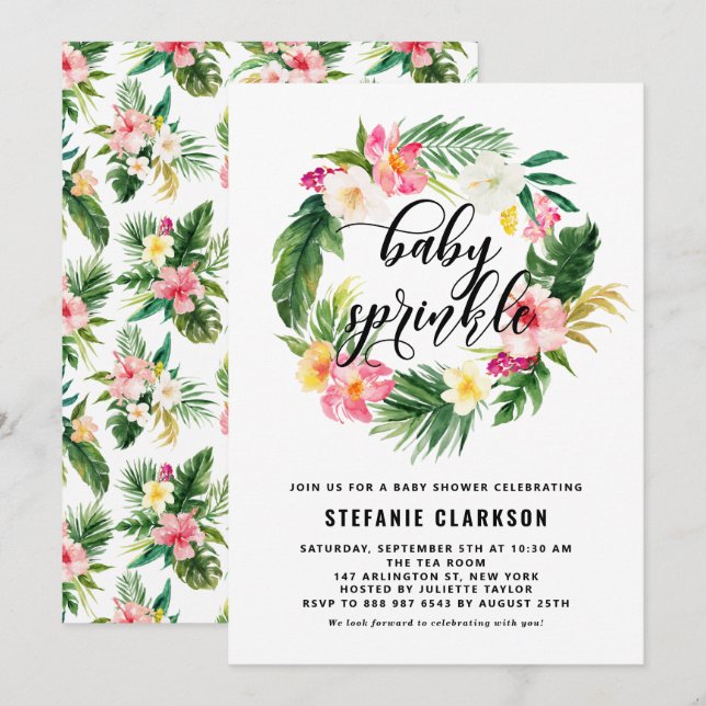 Watercolor Tropical Flowers Wreath Baby Sprinkle Invitation (Front/Back)