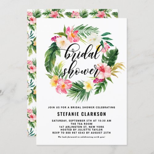 Watercolor Tropical Flowers Wreath Bridal Shower Invitation
