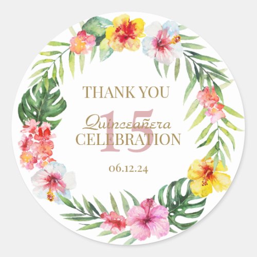 Watercolor Tropical Flowers Wreath Quinceaera Classic Round Sticker