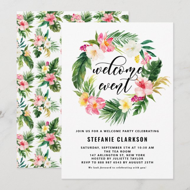 Watercolor Tropical Flowers Wreath Welcome Event Invitation (Front/Back)