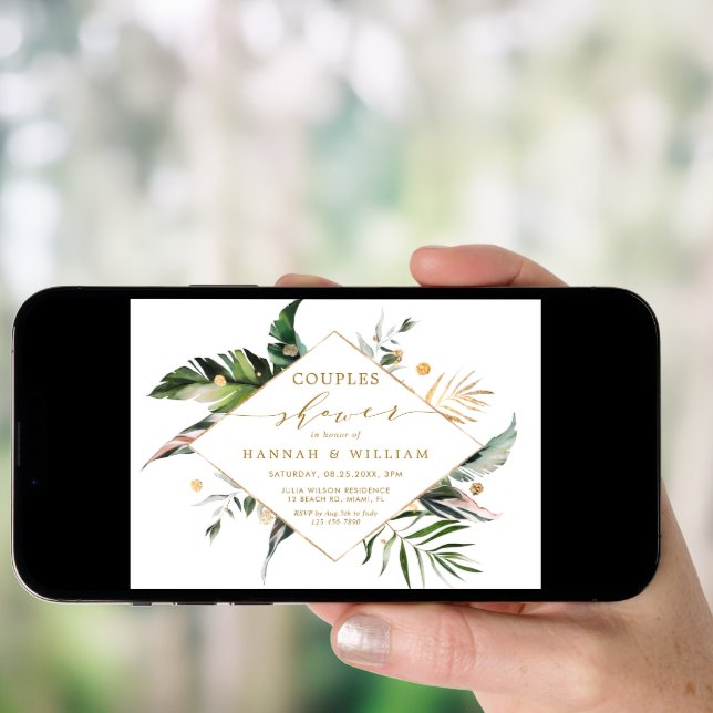 Watercolor Tropical Foliage Gold Couples Shower Invitation (Front Digital)
