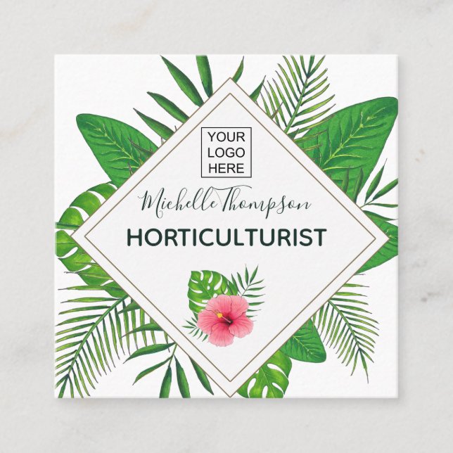 Watercolor tropical foliage personalized square business card (Front)