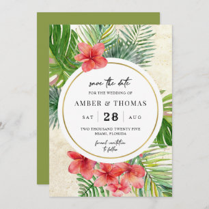 Watercolor Tropical foliage save the date card