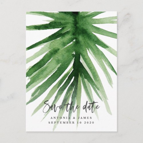 watercolor tropical foliage  script save the date announcement postcard