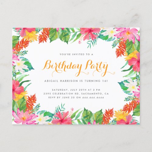 Watercolor Tropical Foliage Summer Birthday Party Invitation Postcard