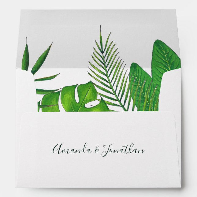 Watercolor tropical foliage Wedding personalized Envelope (Back (Bottom))