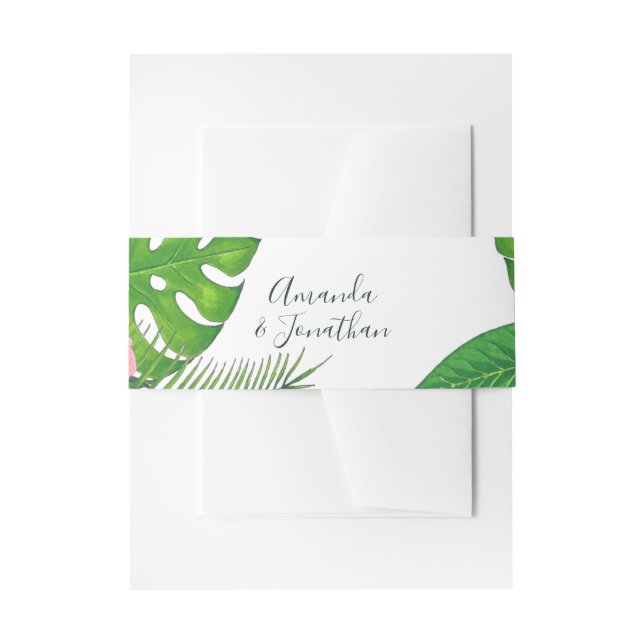 Watercolor tropical foliage Wedding personalized Invitation Belly Band (Front Example)