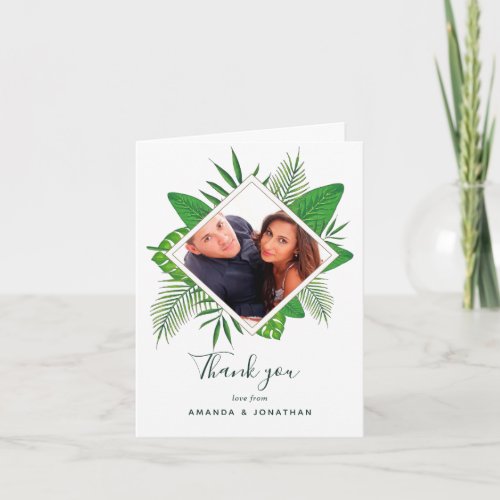 Watercolor tropical foliage Wedding photo thanks Thank You Card