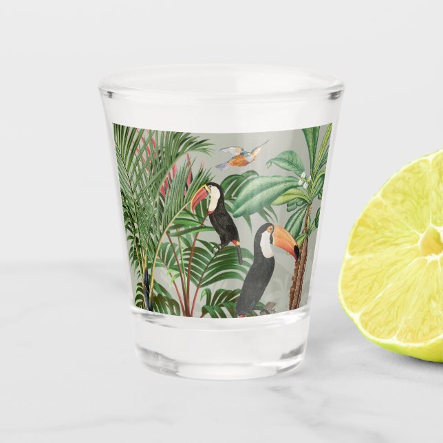 Watercolor Tropical Forest & Colorful Birds Shot Glass (Front)