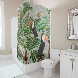 Watercolor Tropical Forest & Colorful Birds Shower Curtain