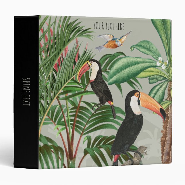 Watercolor Tropical Forest & Toucan Birds 3 Ring Binder (Front/Spine)