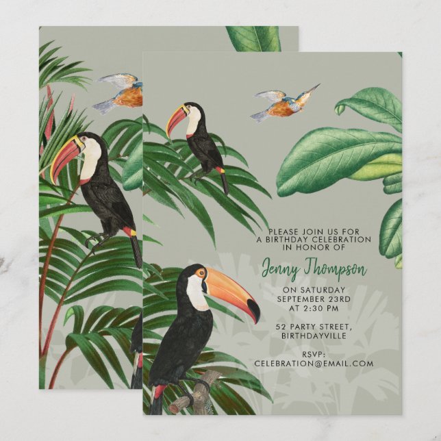 Watercolor Tropical Forest & Toucan Birds Birthday Invitation (Front/Back)