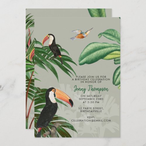 Watercolor Tropical Forest  Toucan Birds Birthday Invitation