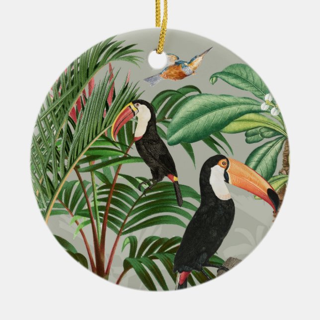Watercolor Tropical Forest & Toucan Birds Ceramic Ornament (Front)