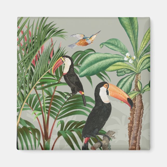 Watercolor Tropical Forest & Toucan Birds Magnet (Front)