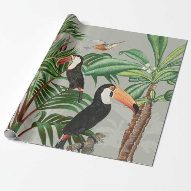 Watercolor Tropical Forest & Toucan Birds Wrapping Paper (Unrolled)